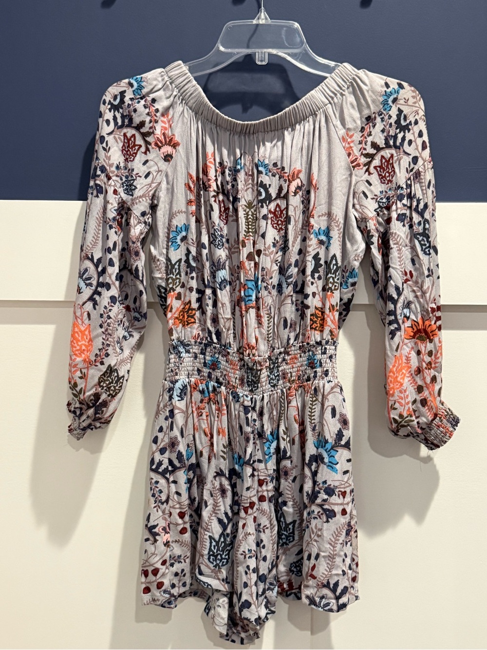 Free People Floral Off-Shoulder Romper in Gray with Coral & Teal Accents Size XS